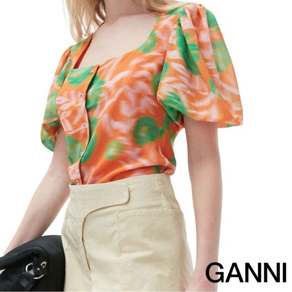 GANNI **NWT** Button-Up Puff Sleeve Crepe Blouse Vibrant Orange / Green Floral - Picture 12 of 16